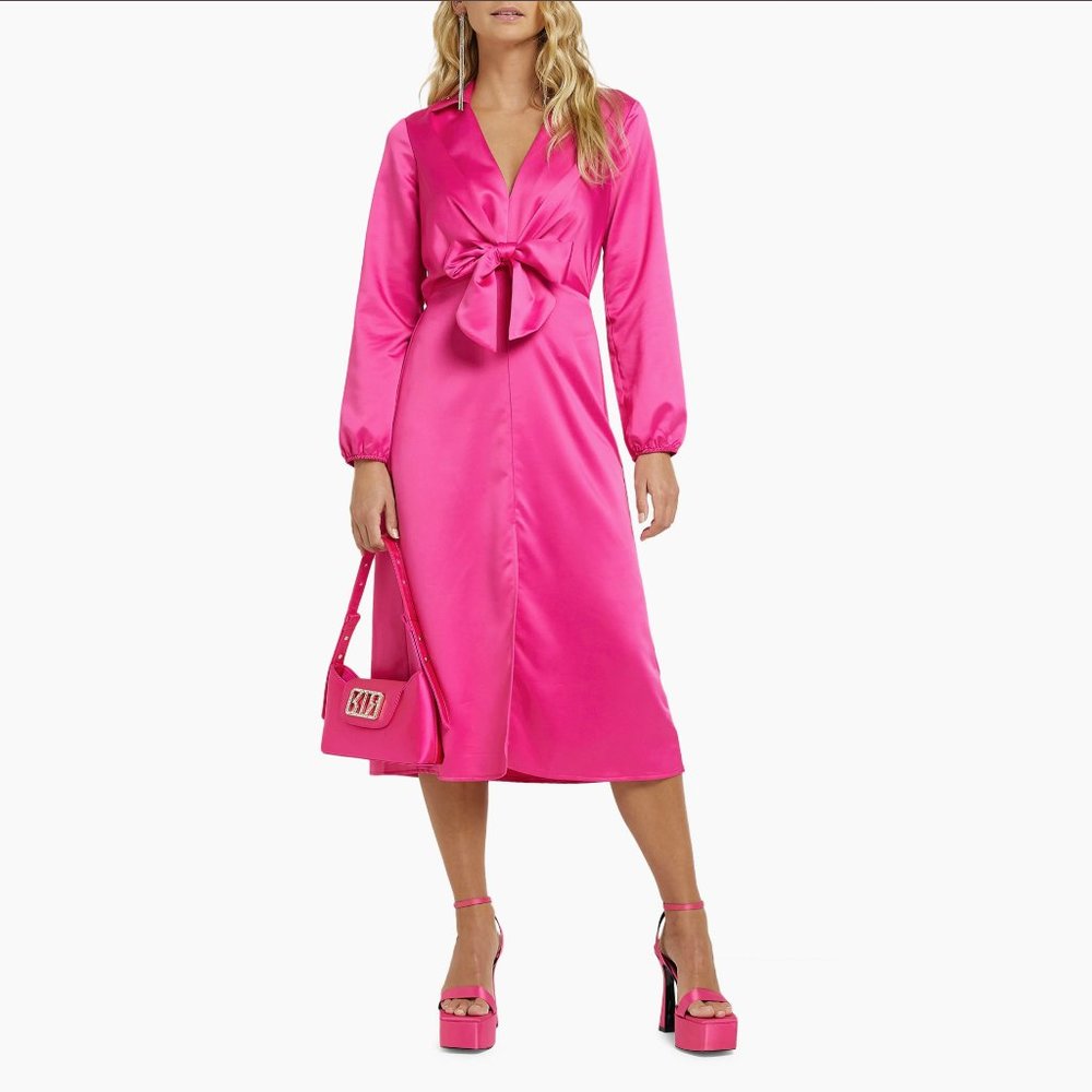 River Island: Knot Waist Long Sleeve Satin Shirtdress